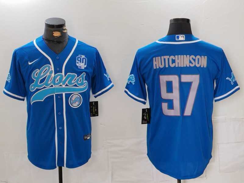 Men's Detroit Lions #97 Aidan Hutchinson Blue With 90th Patch Cool Base Stitched Baseball Jersey,We sell and wholesale Men's Detroit Lions #97 Aidan Hutchinson Blue With 90th Patch Cool Base Stitched Baseball Jersey on line form chian!